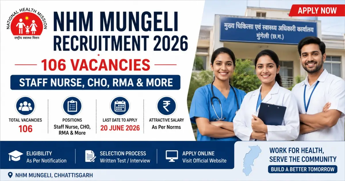 NHM Mungeli Recruitment 2026 - 106 Vacancies, Staff Nurse, CHO, RMA & More